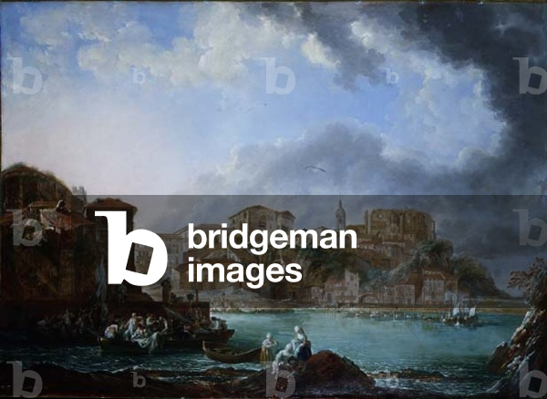 View of the harbour with figures in boats