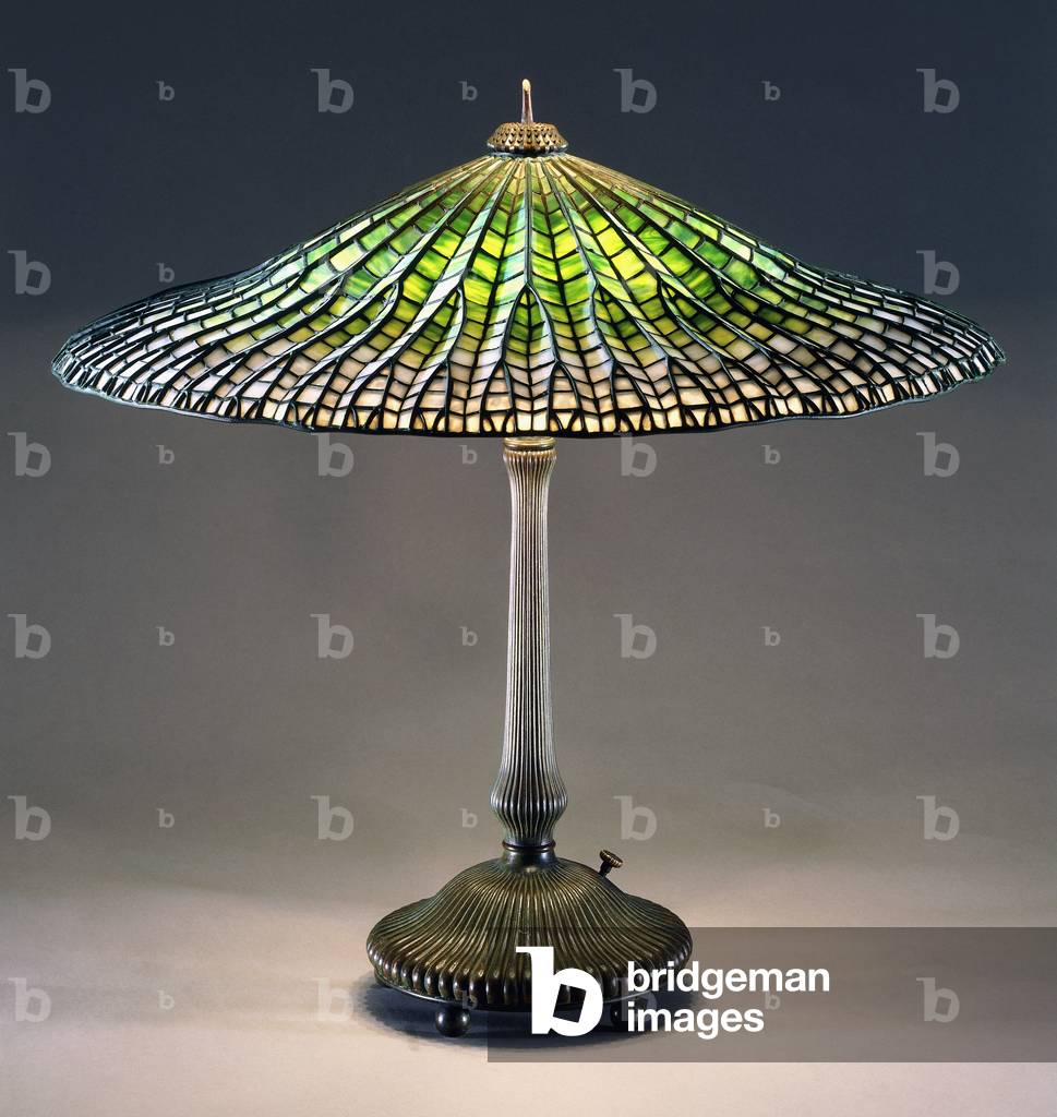 A 'Lotus' leaded glass and bronze table lamp,  (glass, bronze)