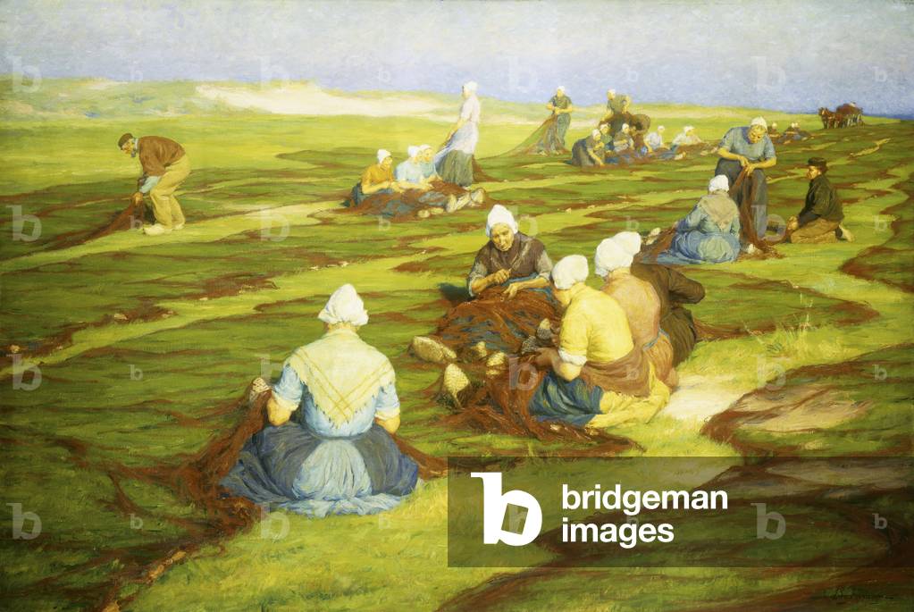 Mending the nets (oil on canvas)