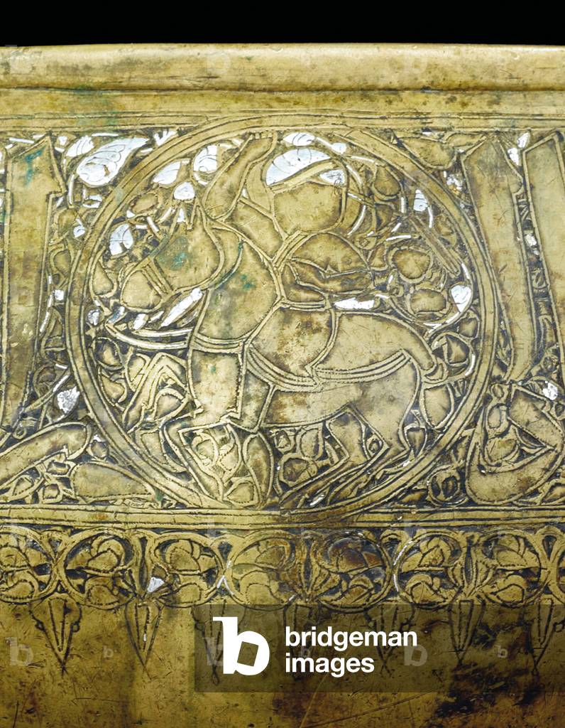 Detail of a Mamluk bowl, c.1351 (brass with silver & gold inlay)