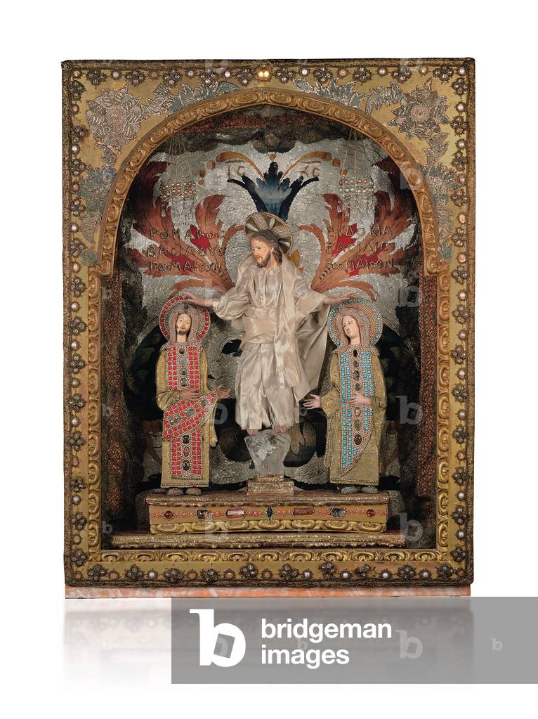 Christ on a pedestal of rock crystal, flanked by Emperor Romanos II (938-963) and Empress Eudoxia (945-949),  (giltwood, paper, crystal, beads, silk)