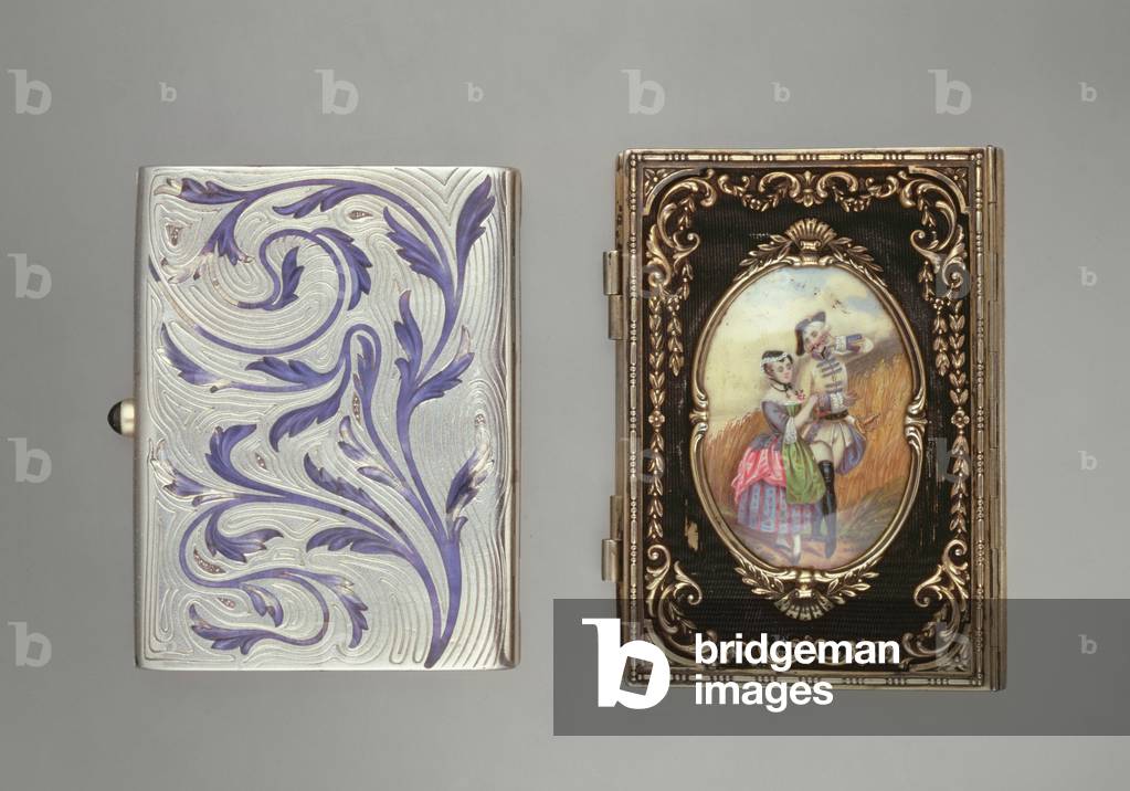 A silver gilt carnet with miniature and a jewelled enamel silver cigarette case by Carl Faberge, 1896