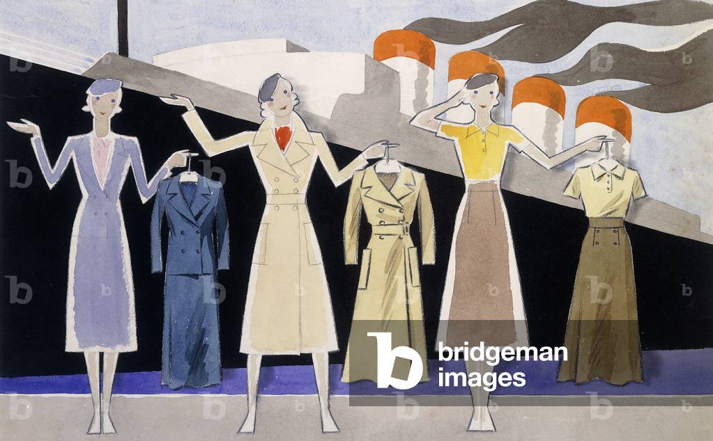 Fashion design showing three female models holding up garments on hangers, with a steamer in the background,  (pencil and gouache)