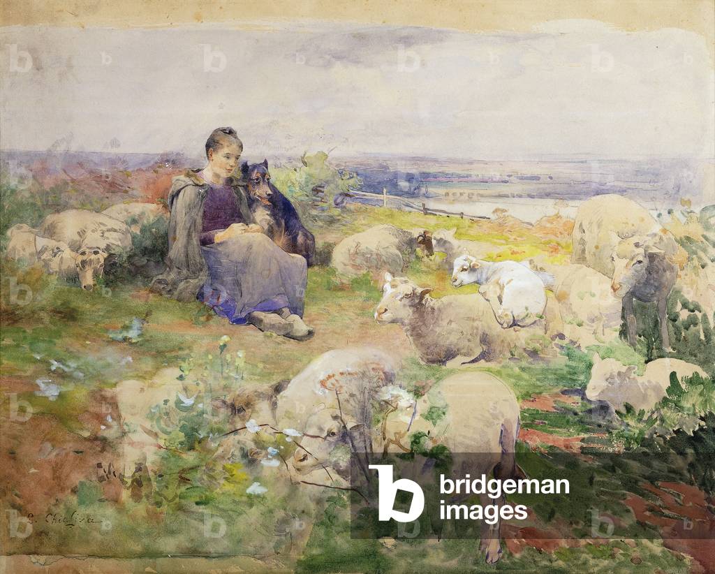 A Shepherdess with her Flock, (pencil and watercolour heightened with white)