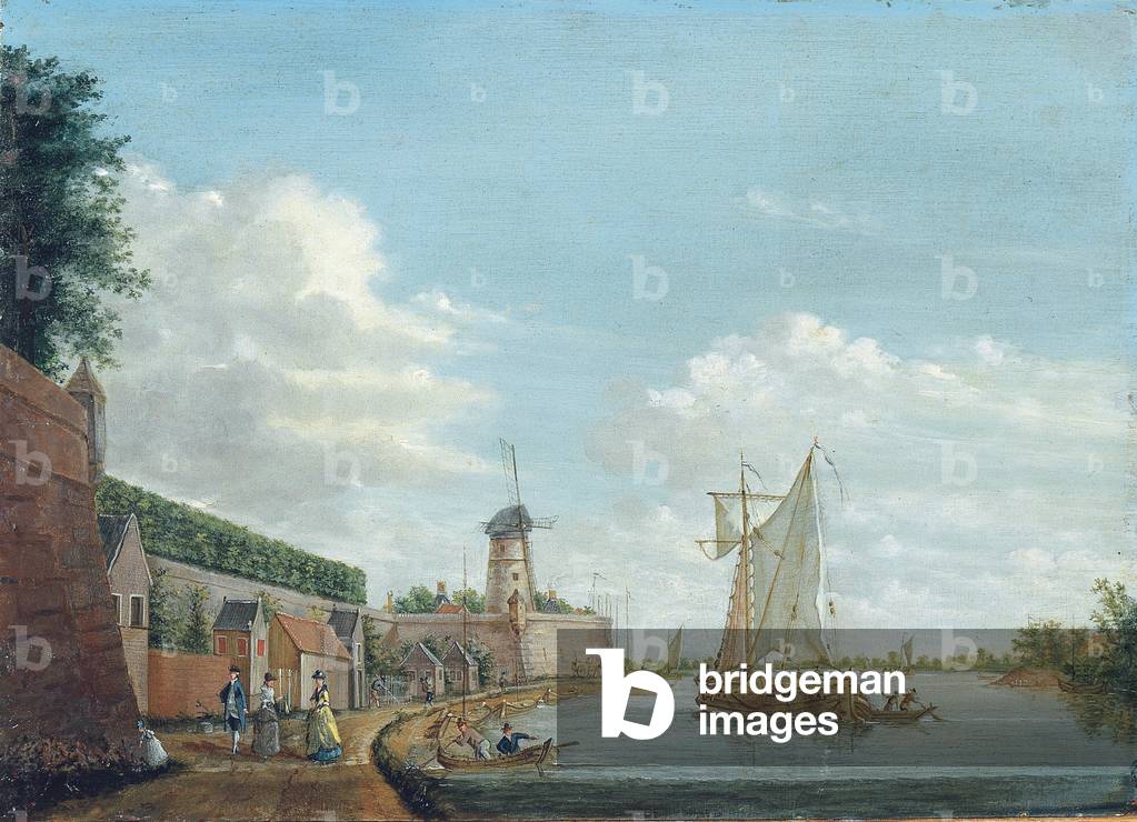 A river landscape with elegant townsfolk promenading by a city wall, c.1776 (oil on panel)