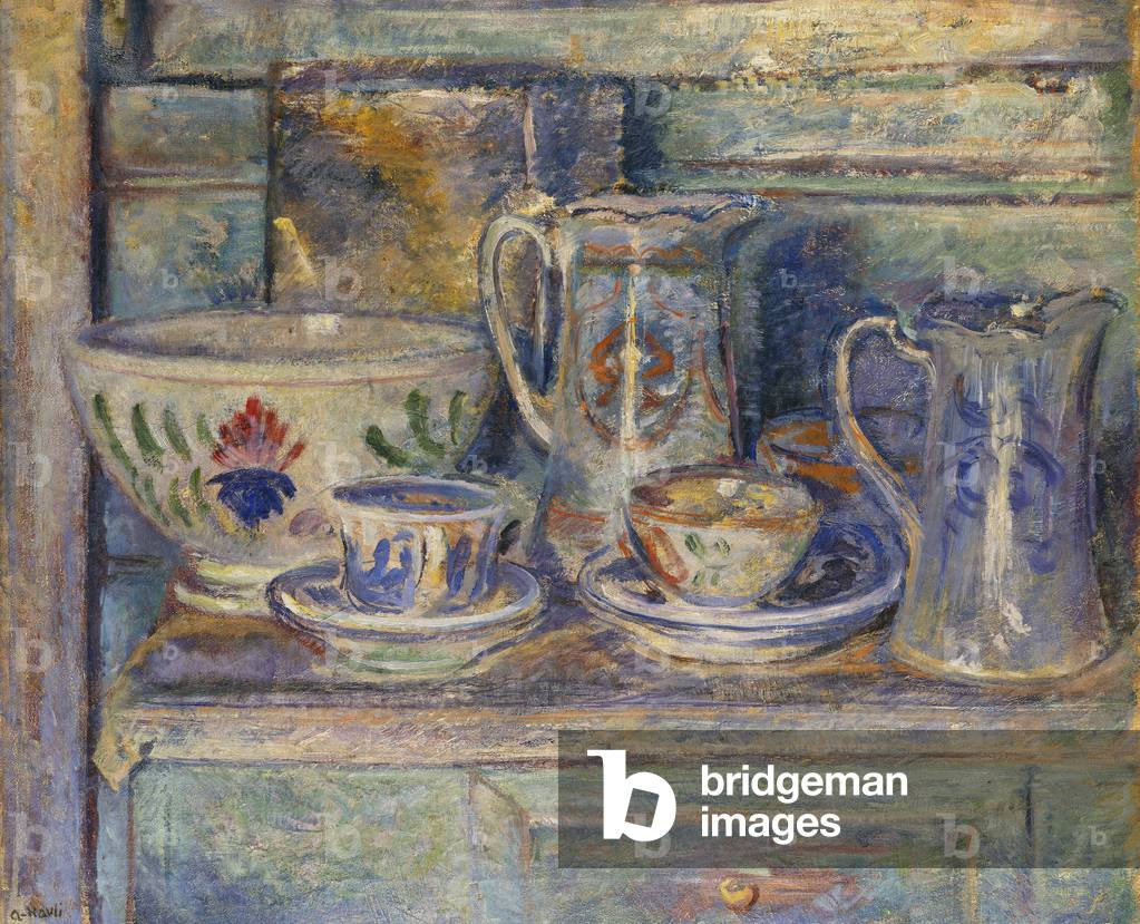 Porcelain Tea-Cups and Saucers, Jugs and a Bowl on a Cupboard (oil on canvas)
