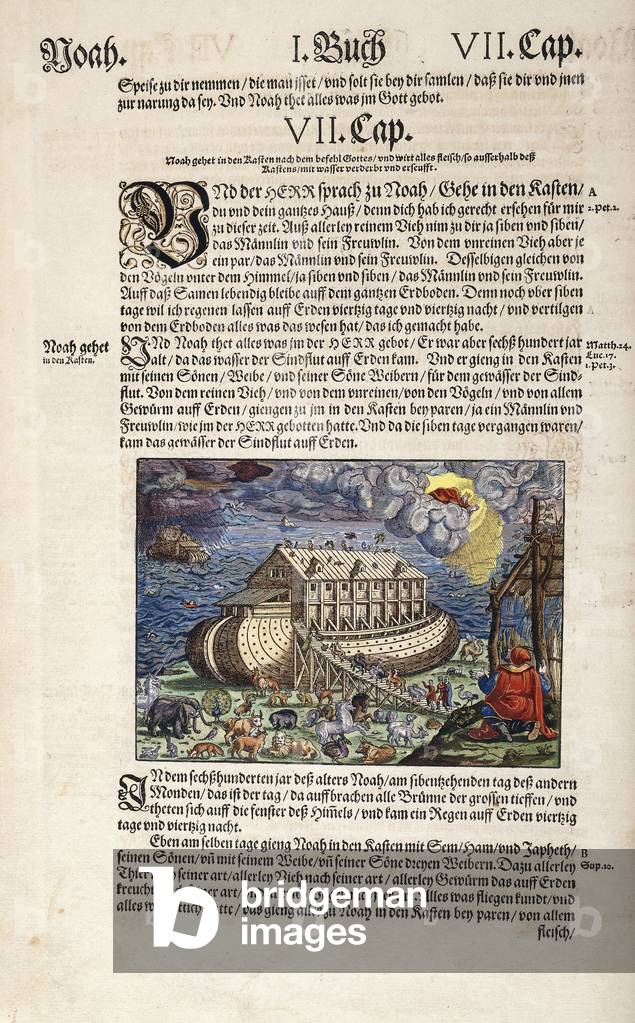 Noah's Ark, 1570 (hand-coloured woodcut vignette, gold paint)