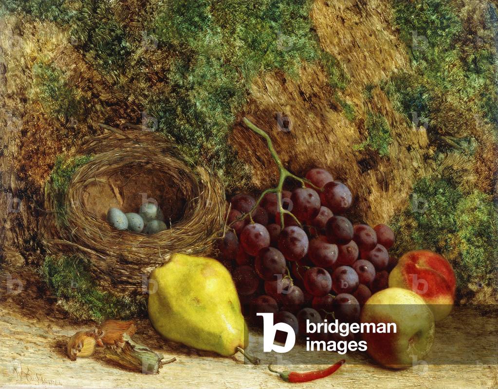 Grapes, a Pear, Peaches and a Bird's Nest by a Mossy Bank, 1864 ()