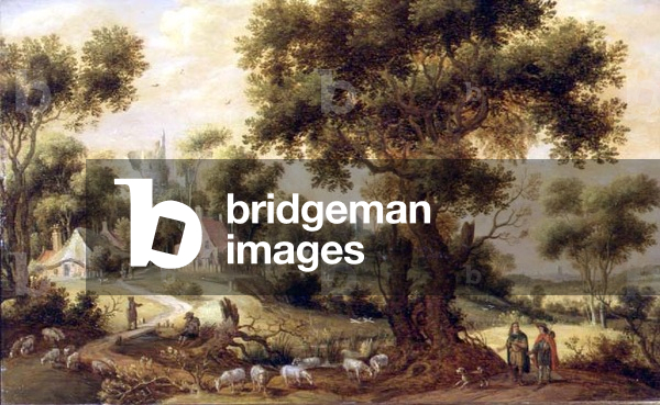 Wooded Landscape with a village, shepherd and sheep