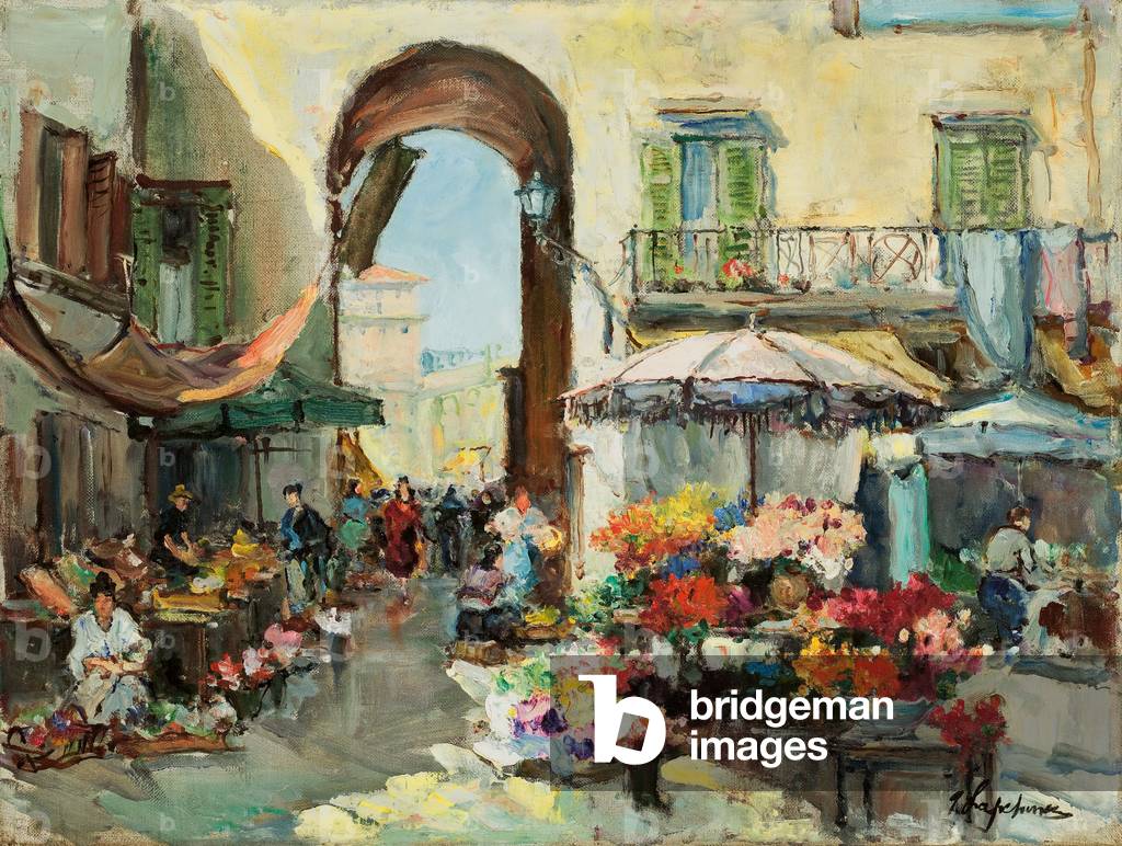 A Flower Market in Nice (oil on canvas)