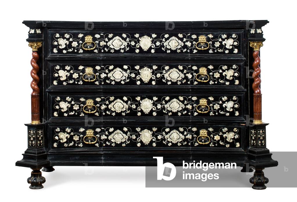 One of a pair of North Italian commodes, probably Venice, c.1700 (ormolu, ivory, ebony, ebonised pearwood & burr walnut) (see also 476617)