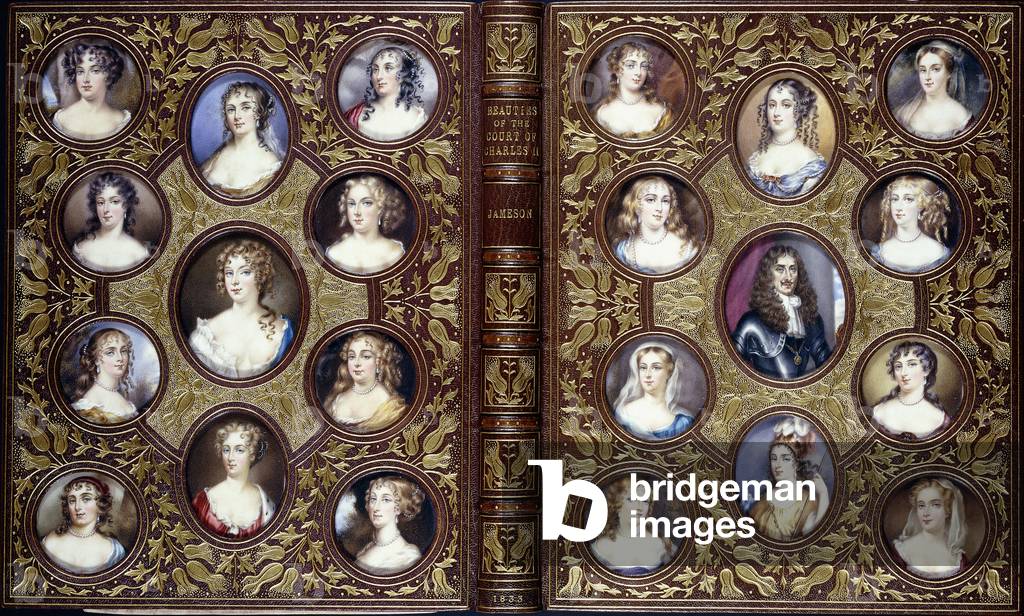 Book cover with twenty-two portrait miniatures of Charles the II and the beautiful women of his court, 1833 (mauve crushed levant morocco leather, gilded, set with miniature)
