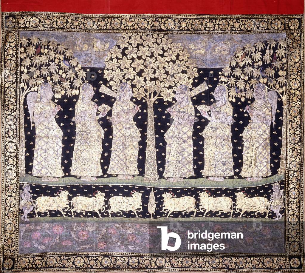 Six Gopis, c. 1800 (gouache with gold paint on black cotton)