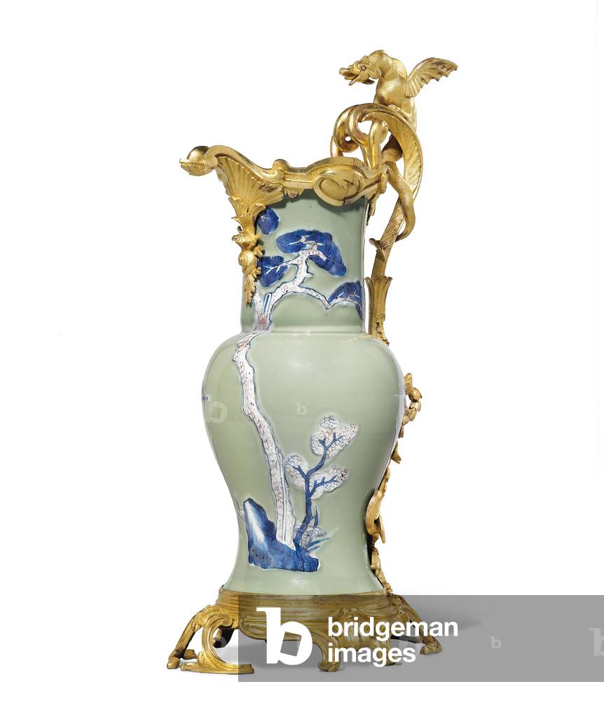 One of a pair of Louis XV ewers, porcelain 1662-1722, mounts c.1745-49 (ormolu-mounted porcelain)