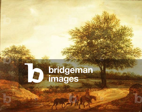 A wooded landscape with travellers on a path, a cottage beyond