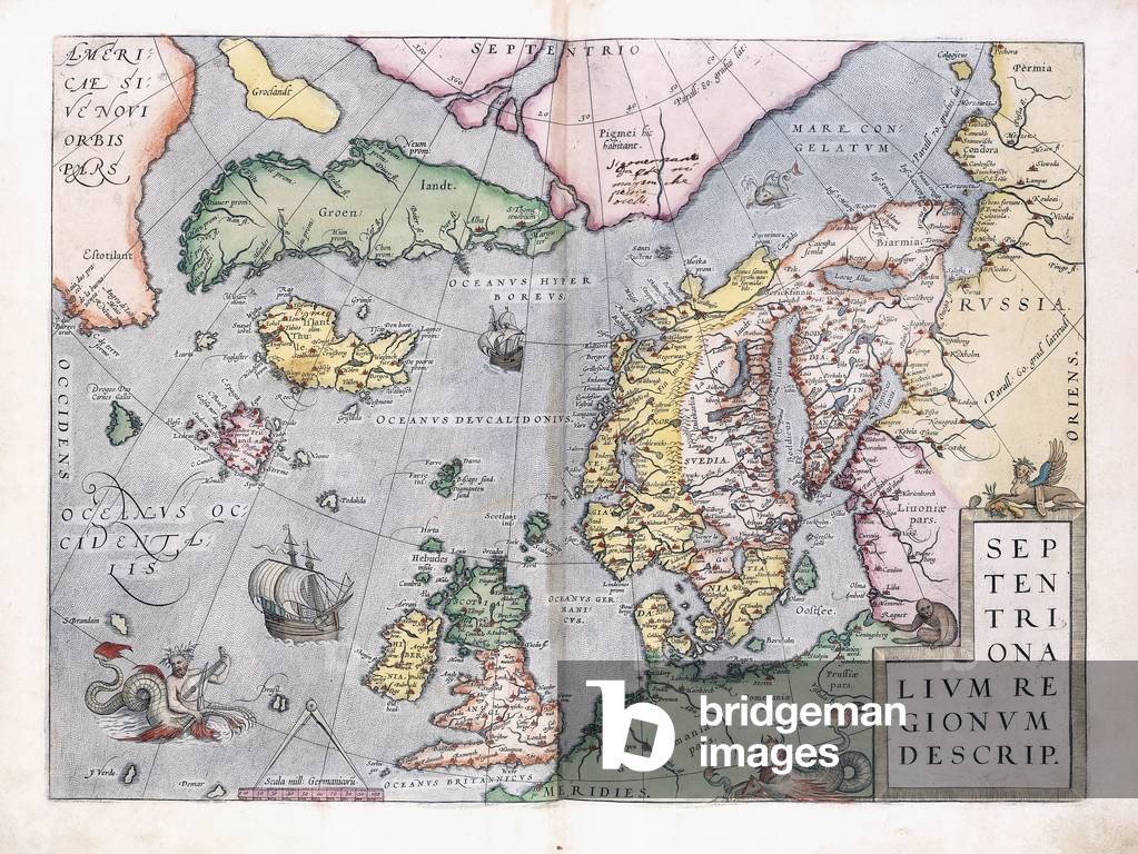 Double-page map of Northern Europe, 1575 (colour engraving)