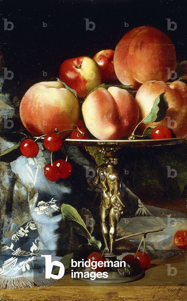 A Still-life with Peaches, Plum and Cherries,  (oill on panel)
