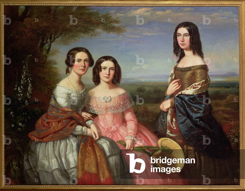 A Group Portrait of Three Girls, Three Quarter Length, in a Landscape, 1849 (oil on canvas)