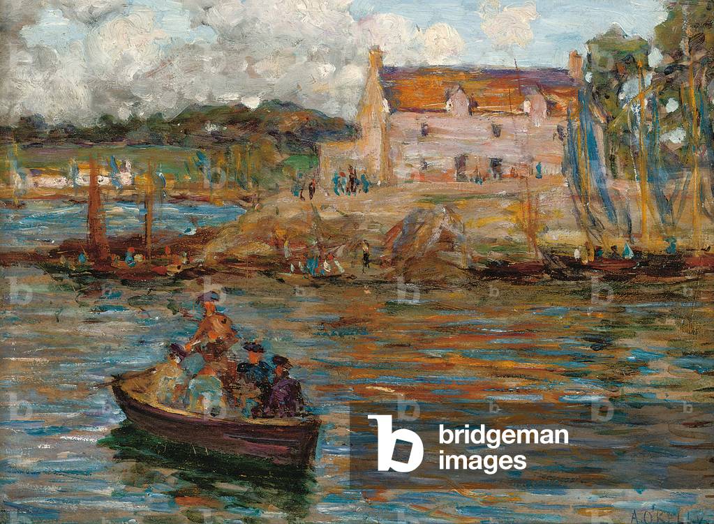 Boats in a harbour (oil on panel)