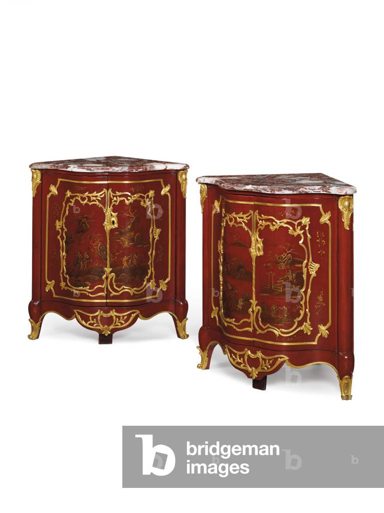 Pair of Louis XV encoignures, mid 18th century (ormolu mounted, scarlet lacquered wood & marble)