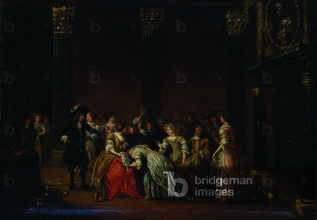 An elegant company in an interior with a matrimonial dispute (oil on canvas)