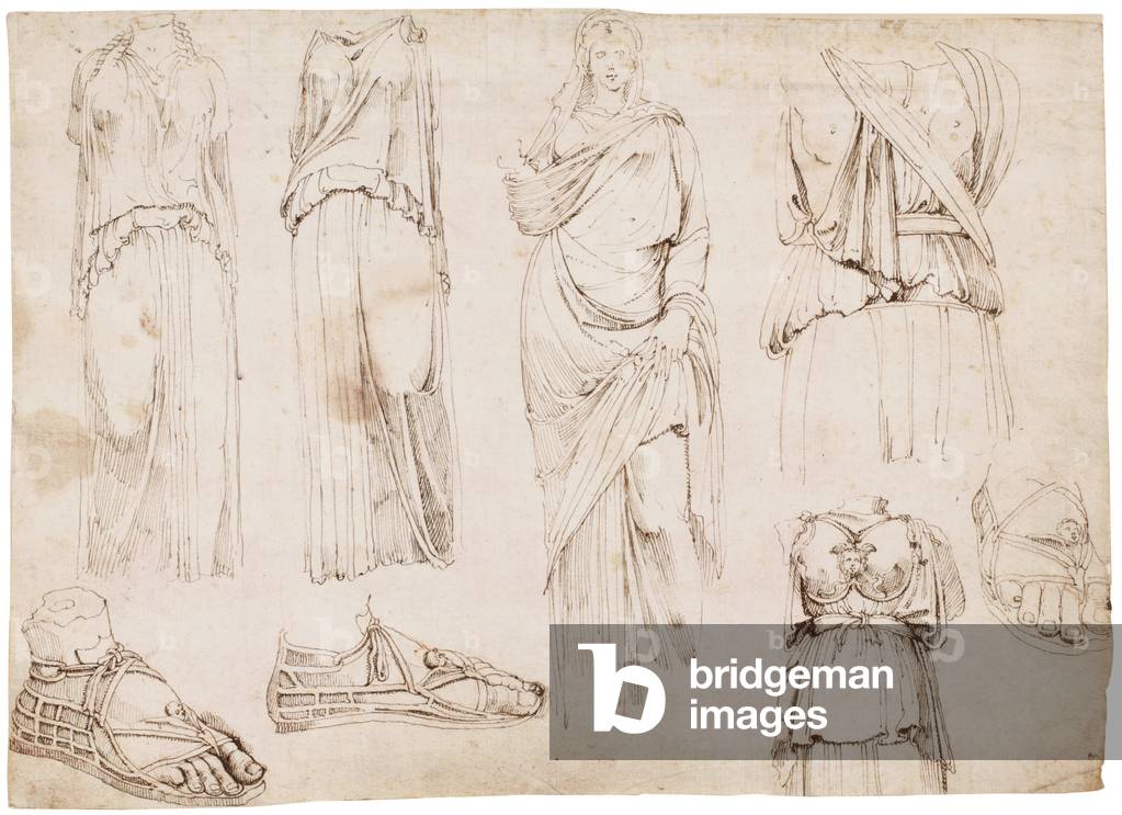 Female figures and sandals, c.1498-1574 (red chalk, pen & brown ink)