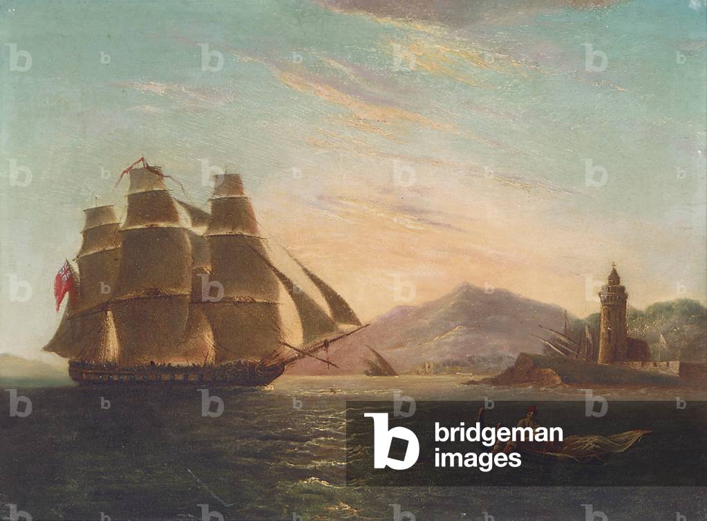The Frigate HMS Pearl, 32 guns, entering the Faro, Messina (oil on canvas)