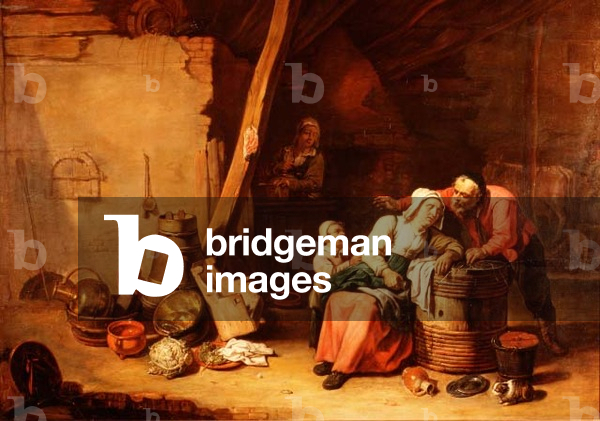 Un fienile con un contadino che scuoteva una vecchia signora