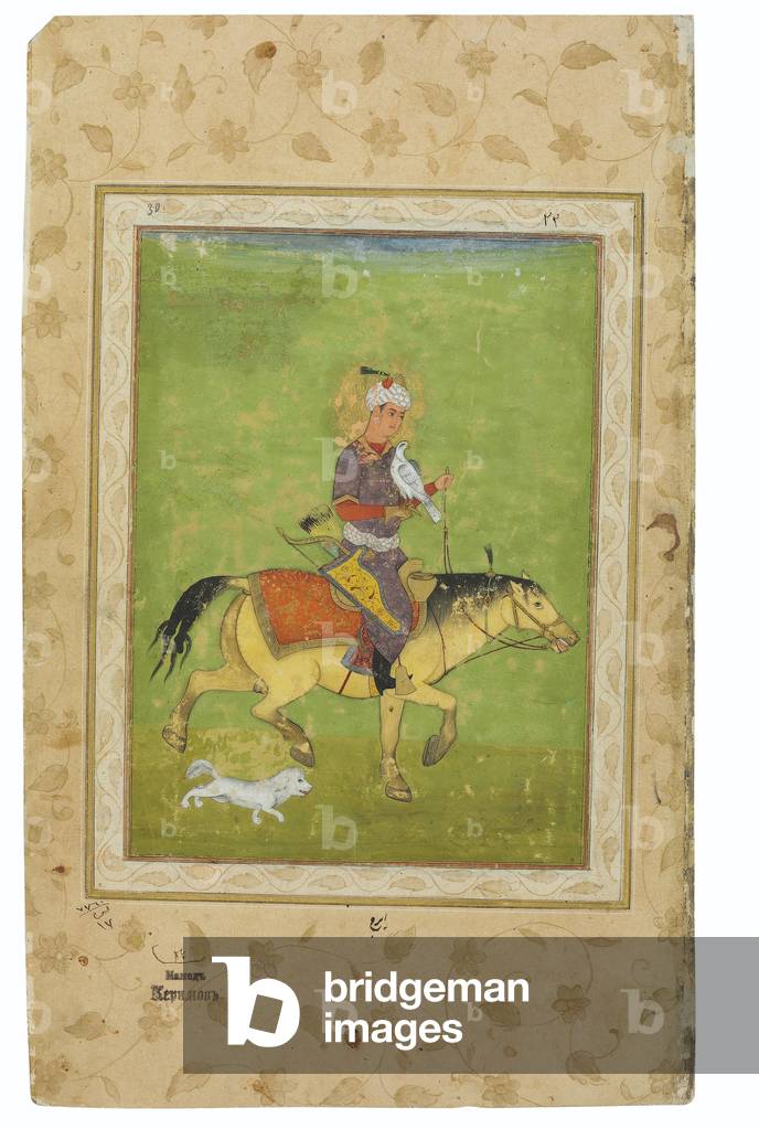 A painting of Iraj on horseback hunting with a falcon, India, Mughal Period, late 16th century (opaque pigments & gold on wasli)