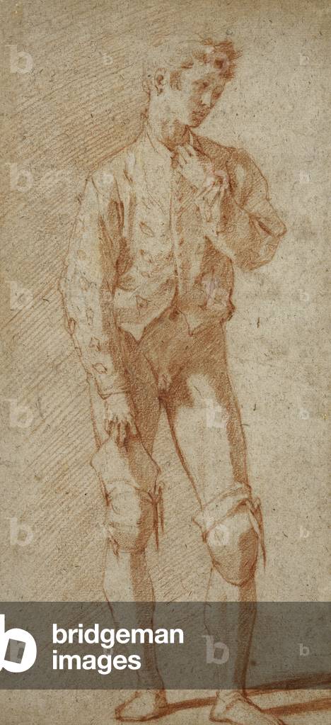 A Standing Youth, Partly Dressed, Wearing a Doublet, Pulling Up His Stockings, (red chalk)