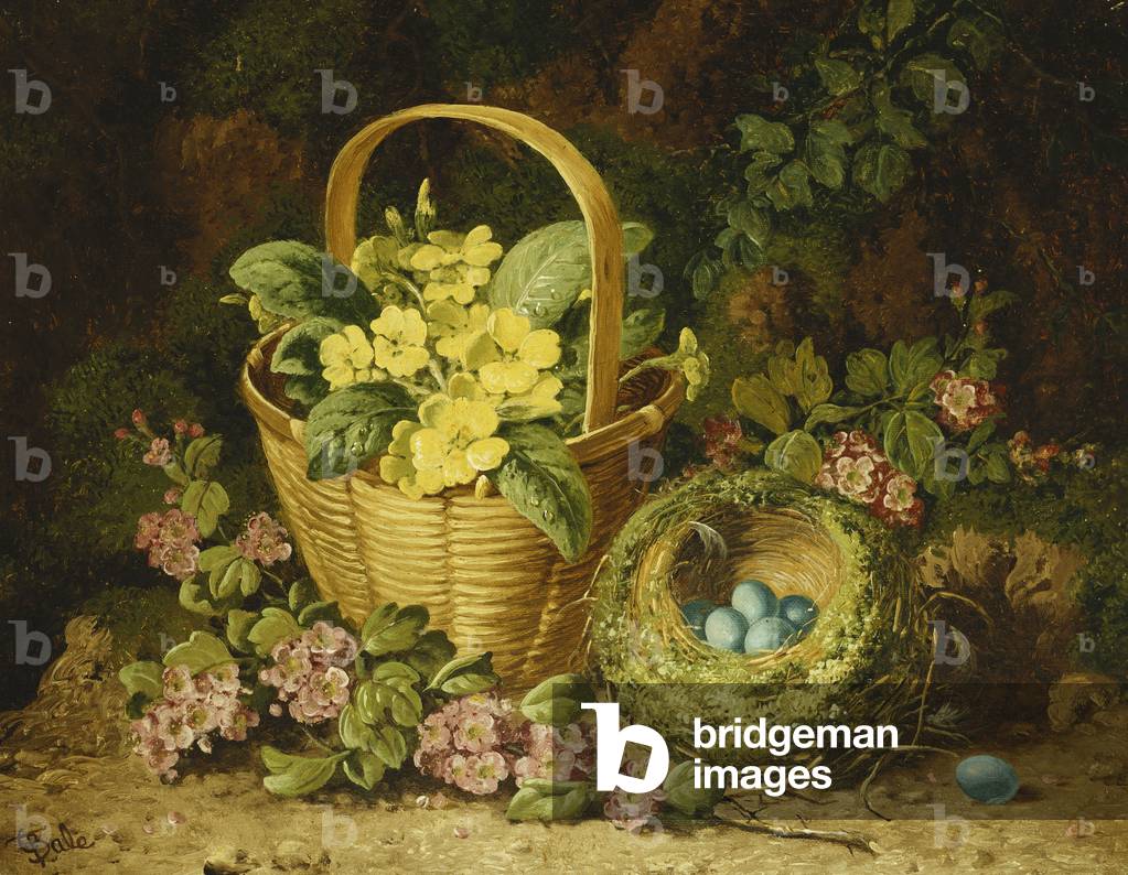 Primroses in a Basket, Japonica and a Bird's Nest, (oil on canvas)