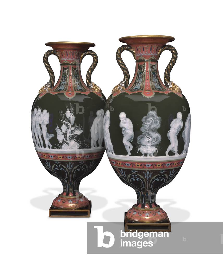 A pair of vases, 'Les alteres y les frileux', 1879 (olive-brown pate-sur-pate)