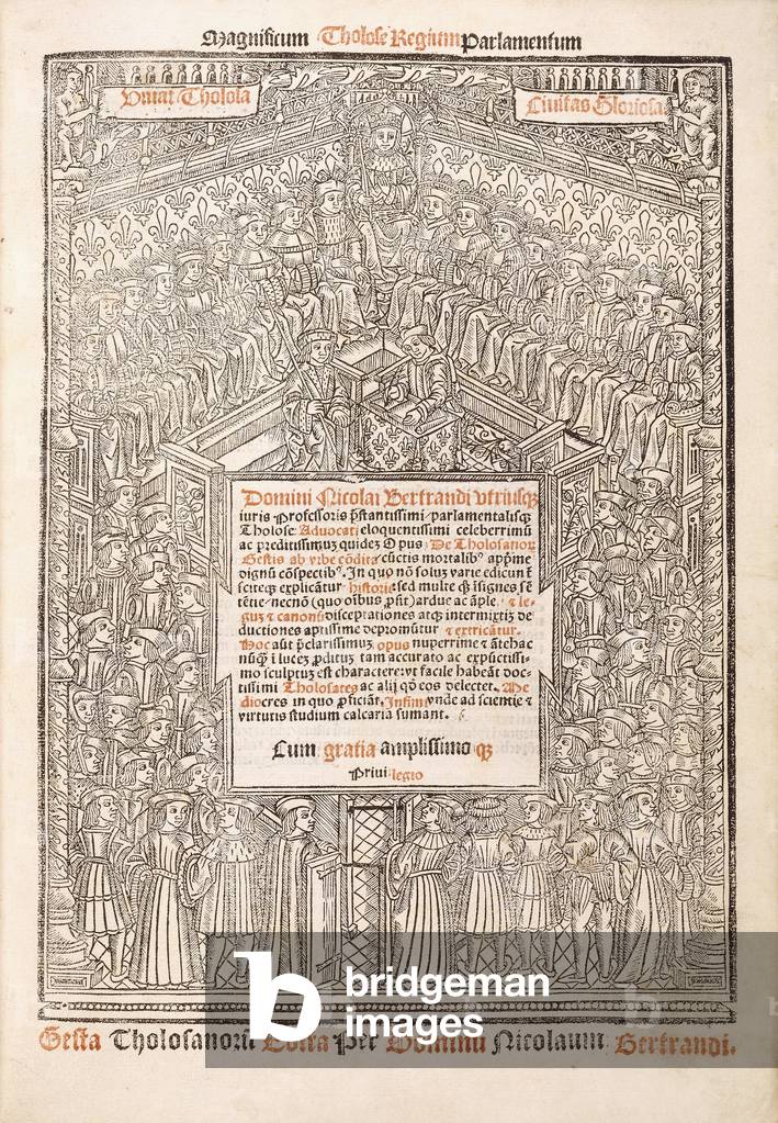 Title-page showing the Parliament of Toulouse, 1515 (red and black inks within a woodcut)