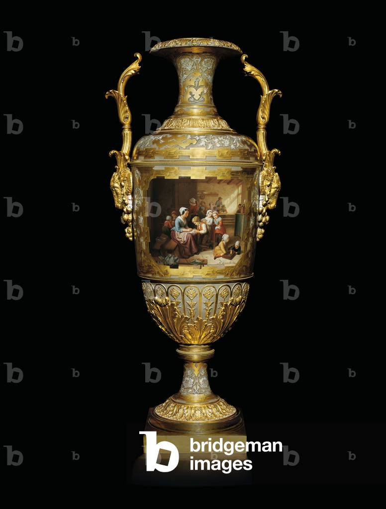 An Alexander II two-handled porcelain and gold leaf vase, painted with a school room scene after B, 1866 (porcelain, gold leaf)