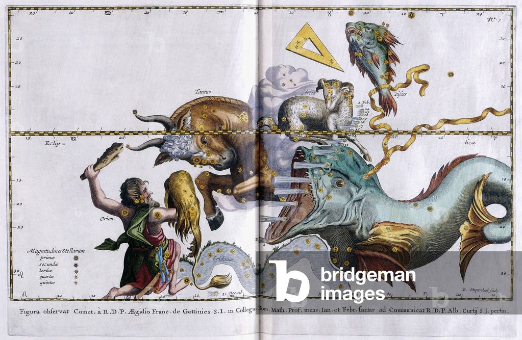 Celestial map of the  constellations: Orion, Taurus, Aries and Pisces, 1666-1668 (hand-coloured engraving)