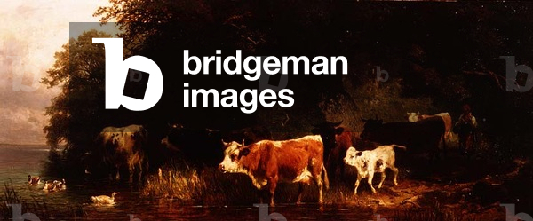 Wooded river landscape with drover and cattle watering