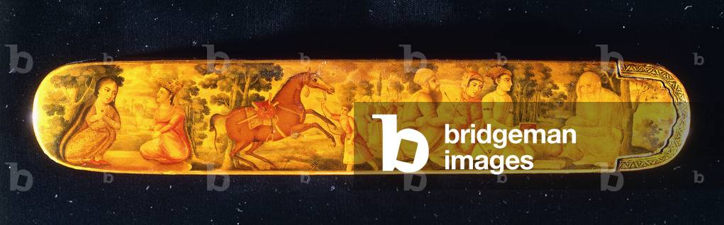 A Zand dynasty Qalamdan, painted with scenes of a prince visiting a hermit, c.1786-7 (polychrome lacquer papier mache)