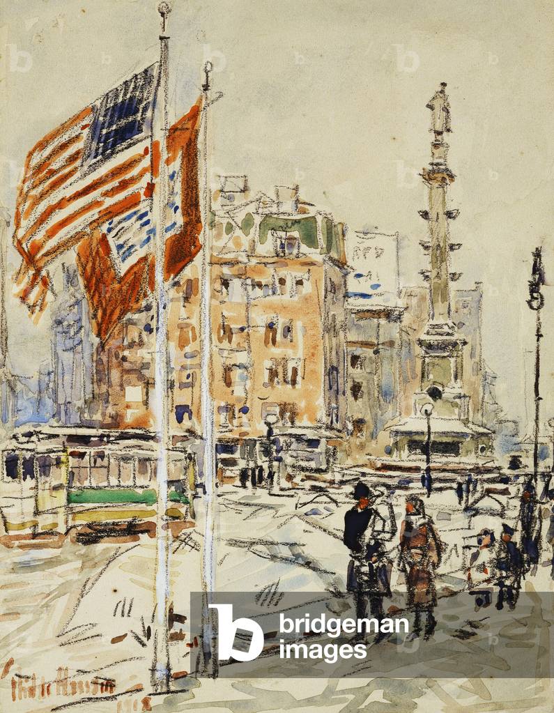 Flags, Columbus Circle, 1918 (watercolour and charcoal on paper)