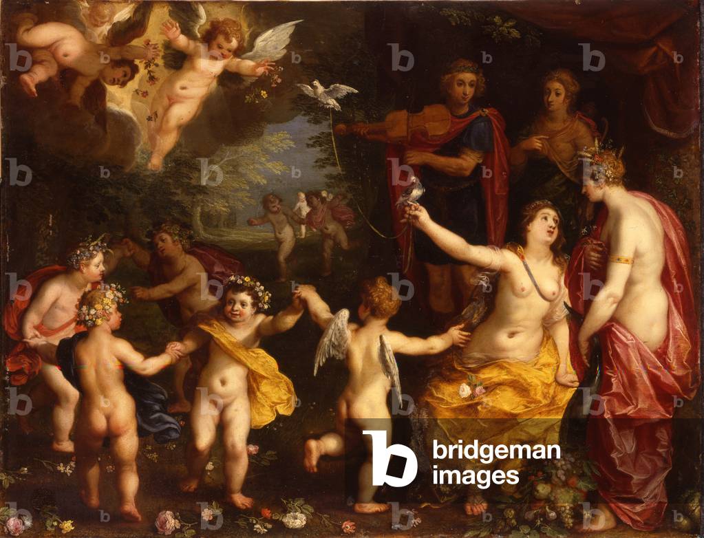 Allegory of love: Venus holding a pair of tethered doves, with Ceres, Apollo and Diana, surrounded by dancing putti, in a landscape (oil on copper)