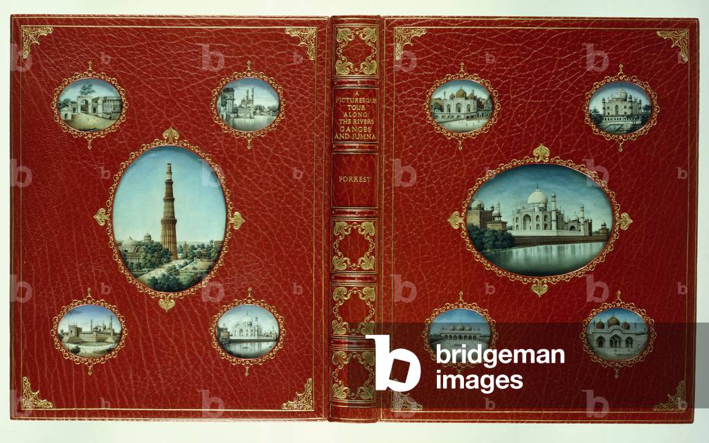 Upper and lower covers, ten oval miniatures of Mosques, with gilt borders, 1824 (coloured morocco and gilt, with miniatures)