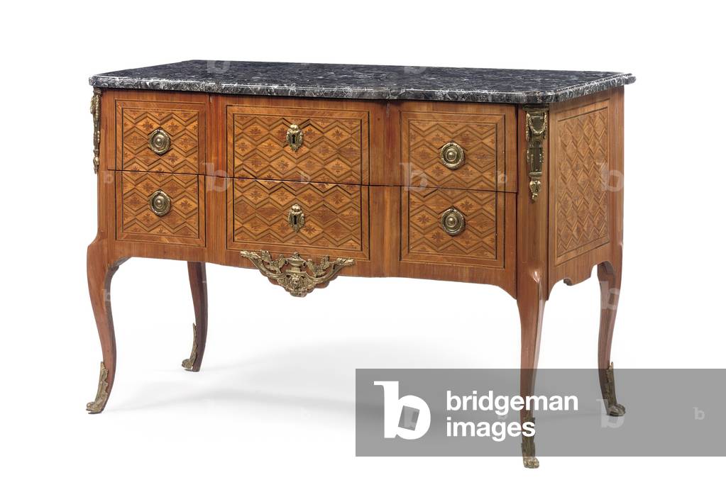 Late Louis XV commode, third quarter of the 18th century (ormolu mounted tulipwood, amaranth, stained fruitwood, marble & parquetry) (see also 714759)