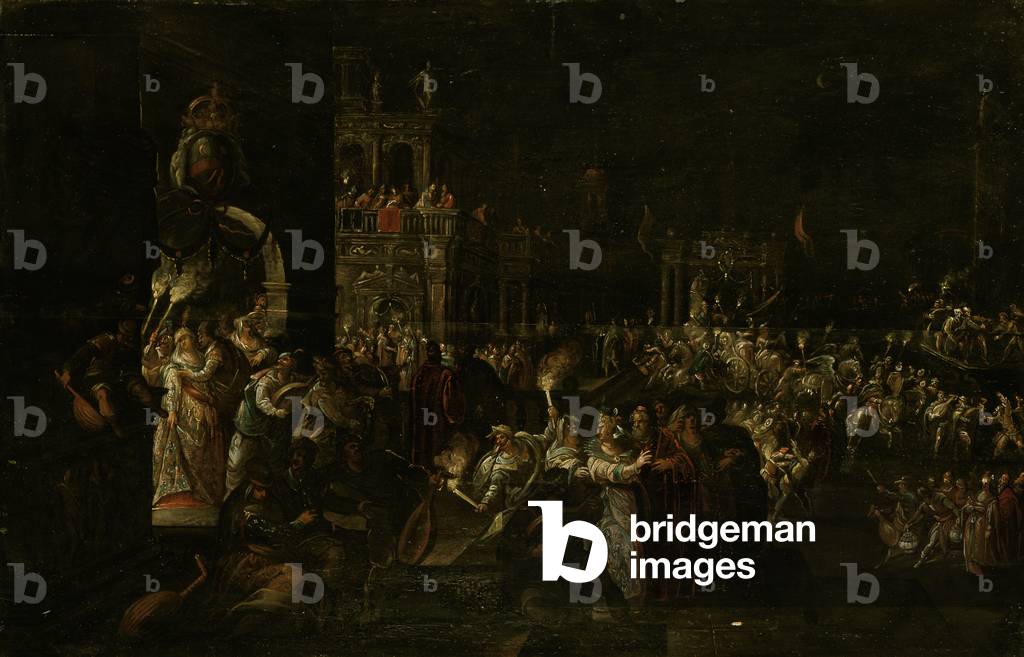 A carnival night in a Baroque piazza (oil on panel)