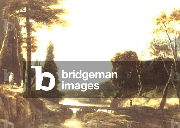 A rocky wooded river landscape with peasants on a path and herdsmen by a footbridge
