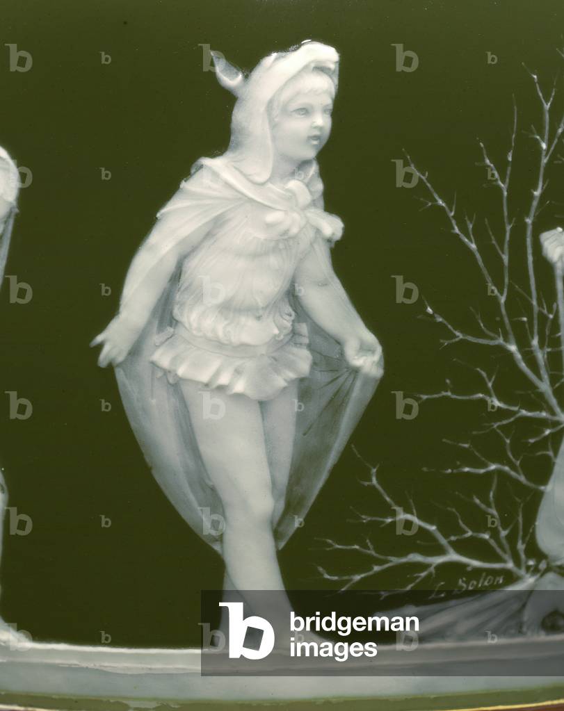 Detail from a pair of vases, 'Les alteres y les frileux', 1879 (olive-brown pate-sur-pate)