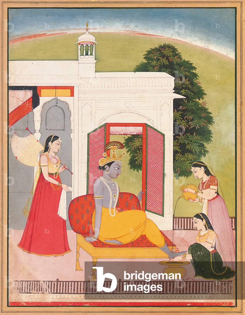 Krishna's feet washed by maids, Punjab Hills, Basohli, c.1780 (opaque pigment on paper)