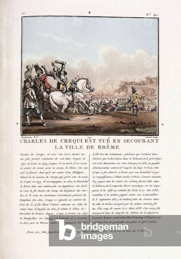 Charles de Crequi is killed during the liberation of the town of Breme, c.1786-1792 (colour aquatint engraving)
