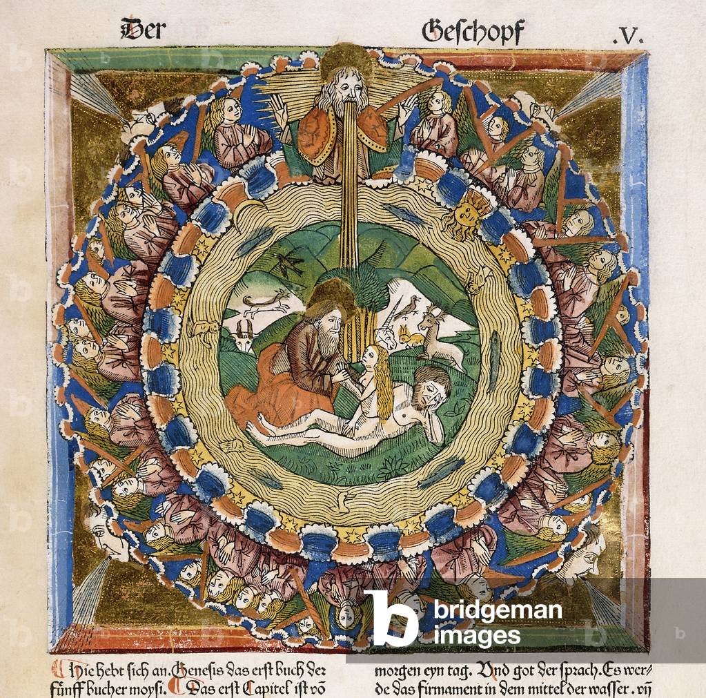 Creation of Eve, 1483 (hand-coloured woodcut)