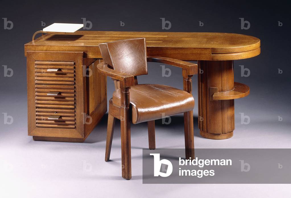 An oak desk and chair, c. 1940 (oak, leather)
