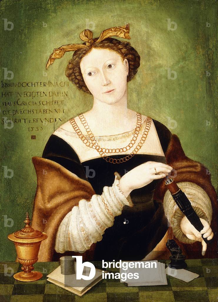Portrait of a Lady, helf-length, holding a case of quills before a ledge,  (oil on panel)