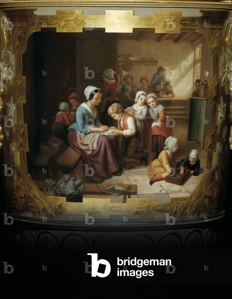 Painted detail from an Alexander II two-handled porcelain and gold leaf vase, depicting a school room scene after B, 1866 (paint, gold leaf)